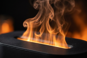 Close-up of the flame-like mist effect: water vapor lit by warm orange LED light