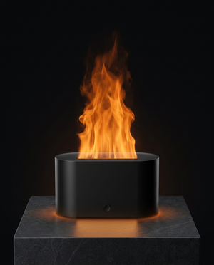 Black FlameMist aromatherapy diffuser producing tall orange flame-like illuminated mist on a stone pedestal