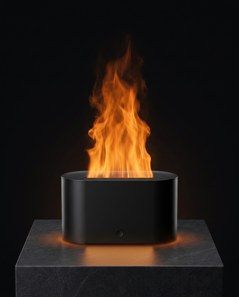 Black FlameMist aromatherapy diffuser producing tall orange flame-like illuminated mist on a stone pedestal
