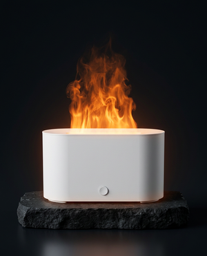 White FlameMist aromatherapy diffuser producing orange flame-like illuminated mist